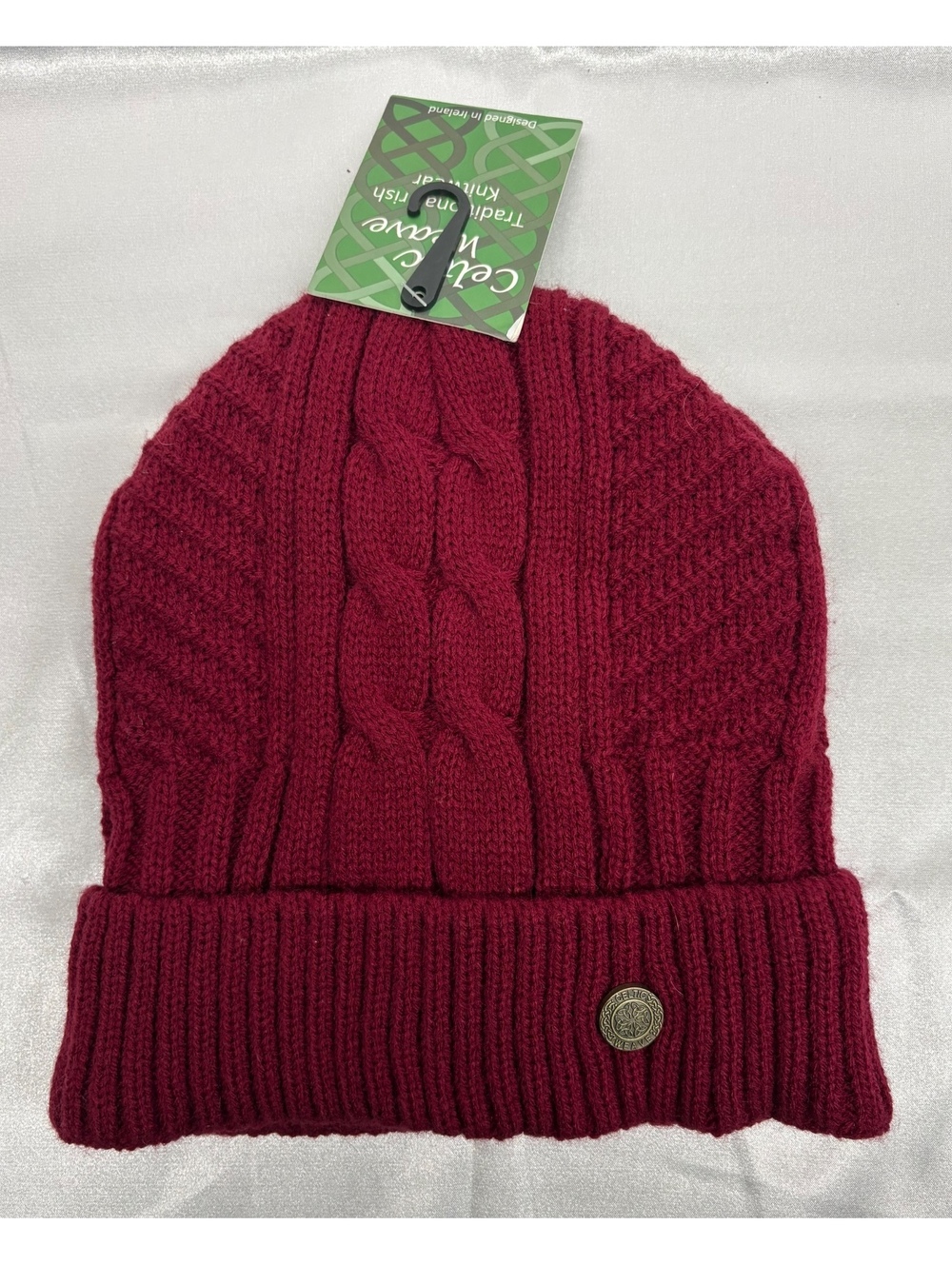 Celtic Weave Traditional Irish Knitwear Burgundy Cable Knit Beanie Hat NWT